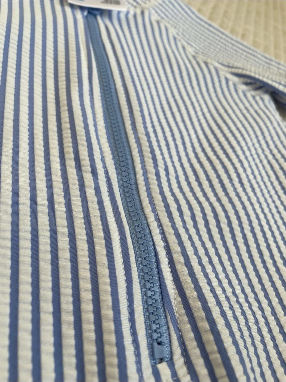 Striped Blue & White Zip-Front Kids Rashguard Swim Suit